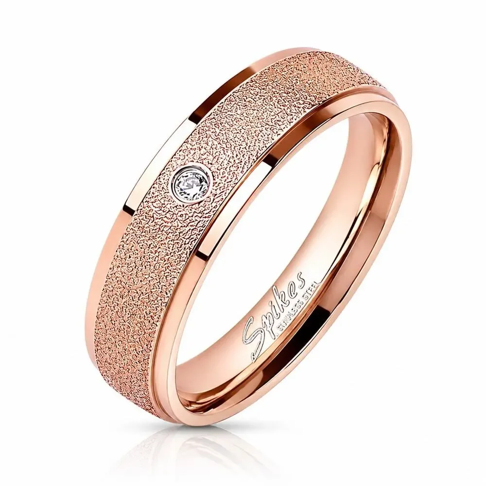 Men’s 316L Stainless Steel Ring Comfort Fit CZs Sand Rose Gold 6mm Size 8